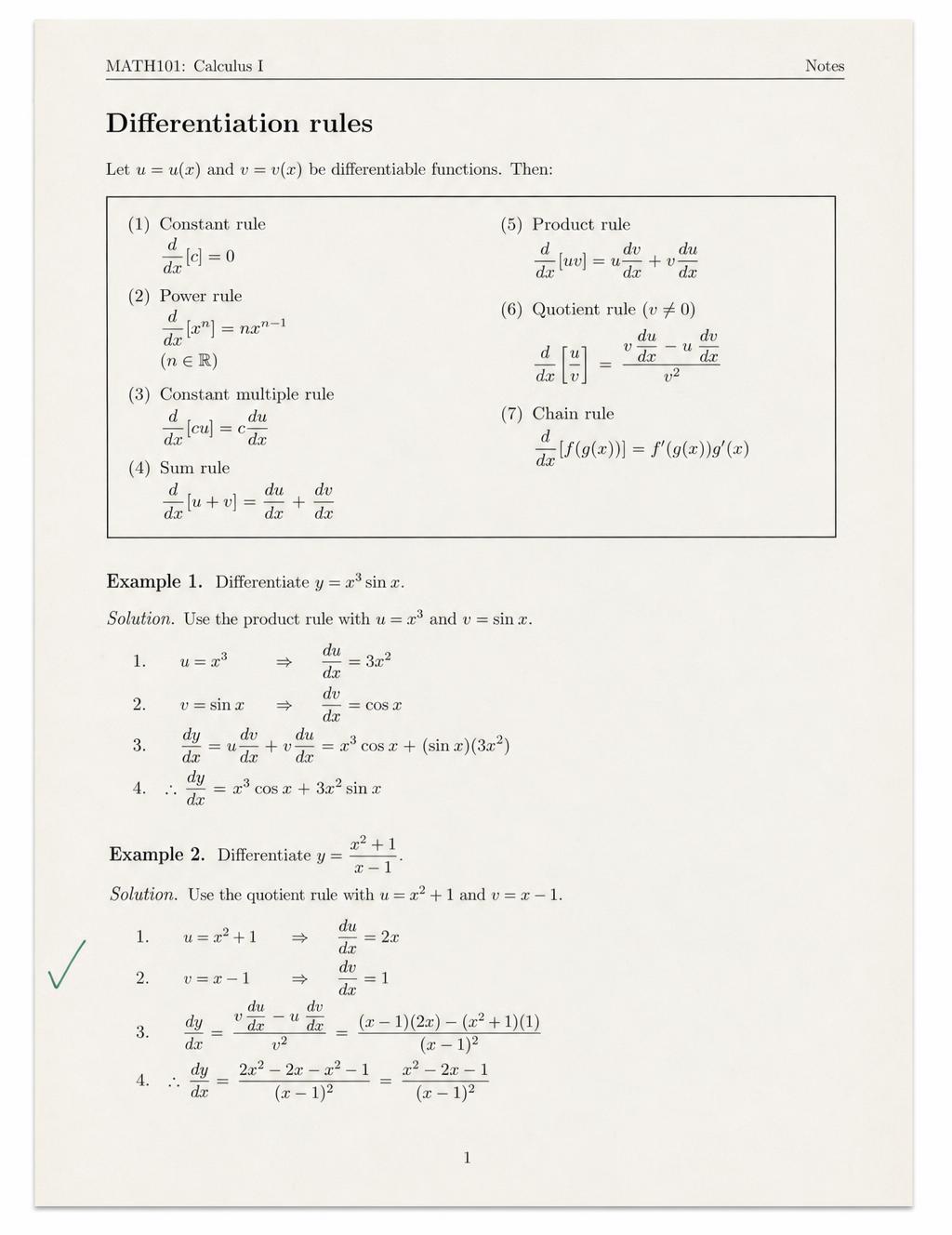 Typeset notes page listing differentiation rules with two worked examples